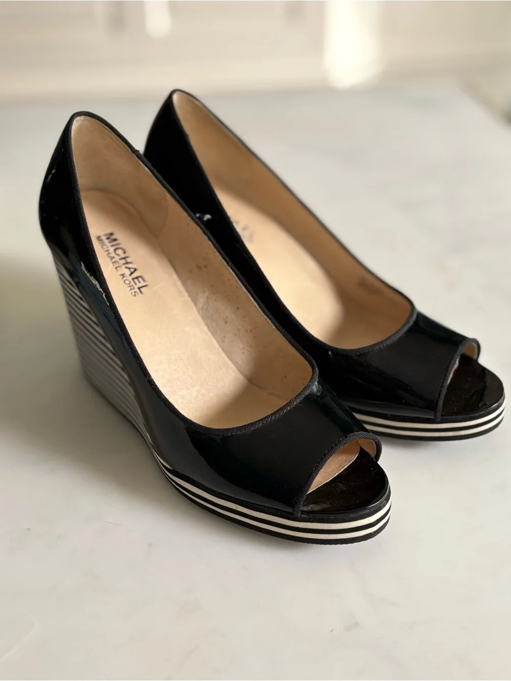 Michael Kors Black Patent Peep-Toe Wedge Sandals with Striped Platform